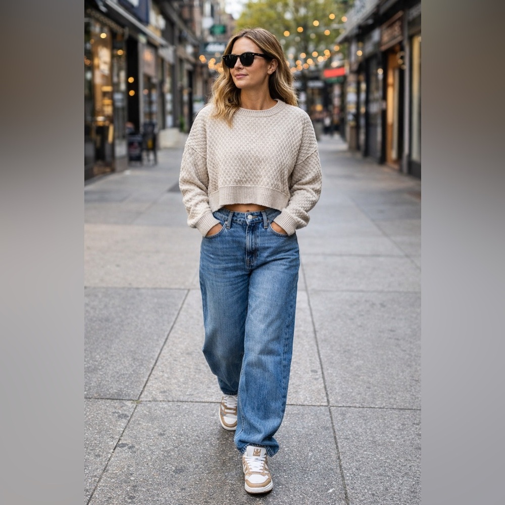 Industry Chenille Cropped Chunky Knit Sweater Beige | Size M